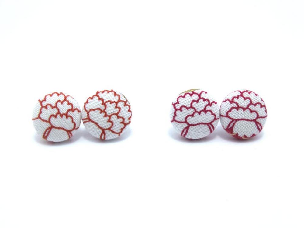 Button Earrings -japan Peony Flower Red Or Orange