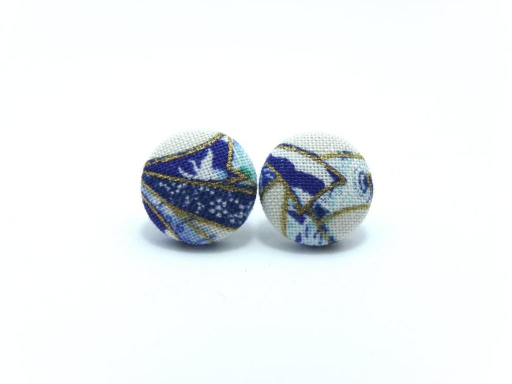 Button Earrings -japan Blue Oriental Kimono On White