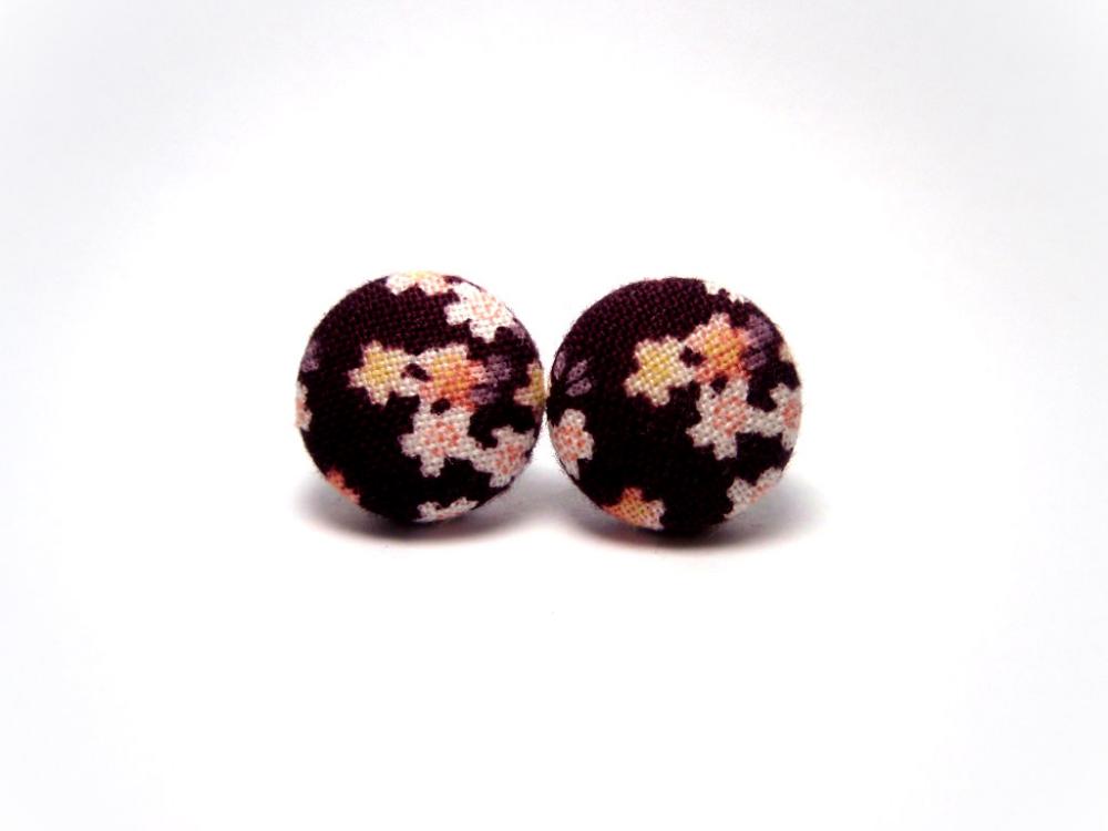 Button Earrings - Japan Kimono Sakura Studs On Purple