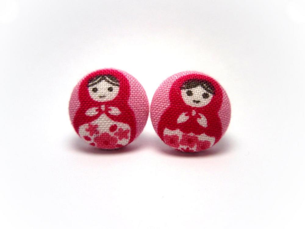 Button Earrings -pink Russian Dolls