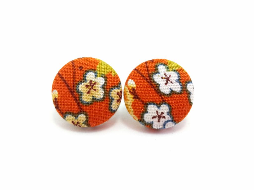 Medium Button Earrings/fabric Button Studs/clip On Earrings -japan Kimono Sakura On Orange Fabric