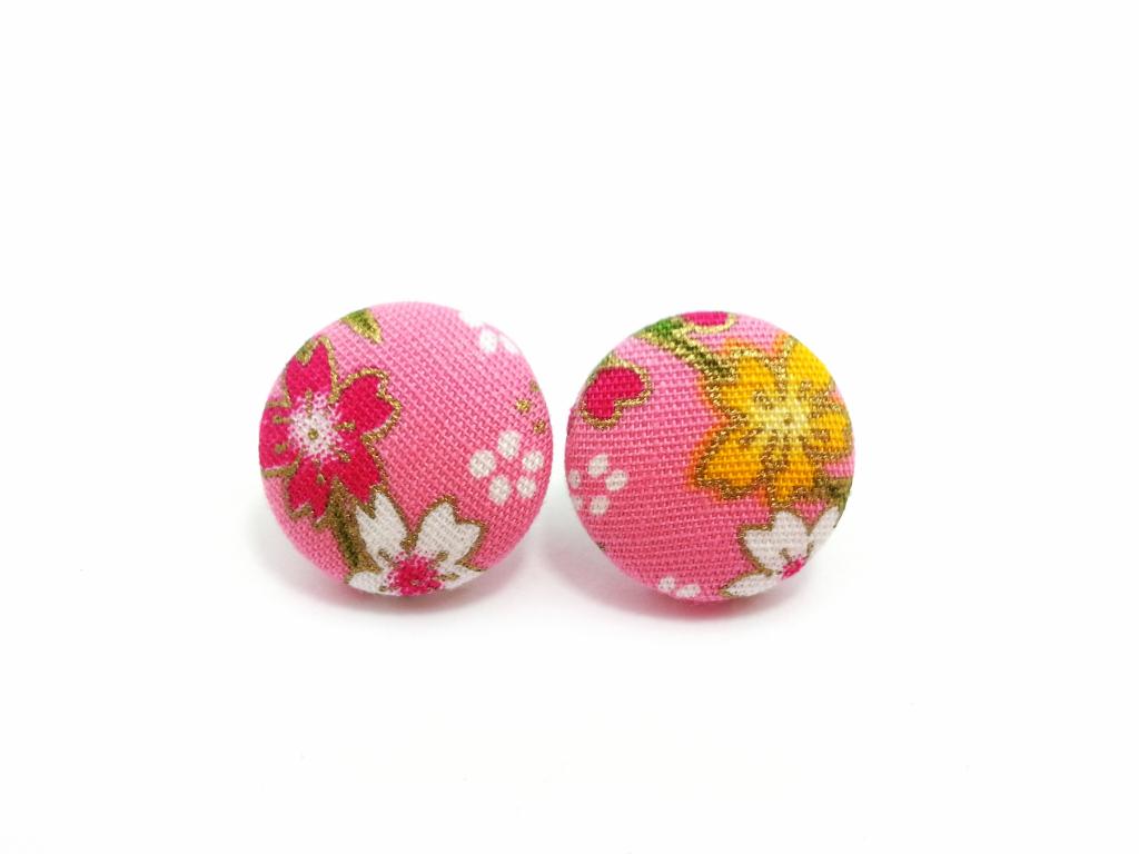 Medium Button Earrings/fabric Button Studs/clip On Earrings -japan Kimono Sakura On Pink